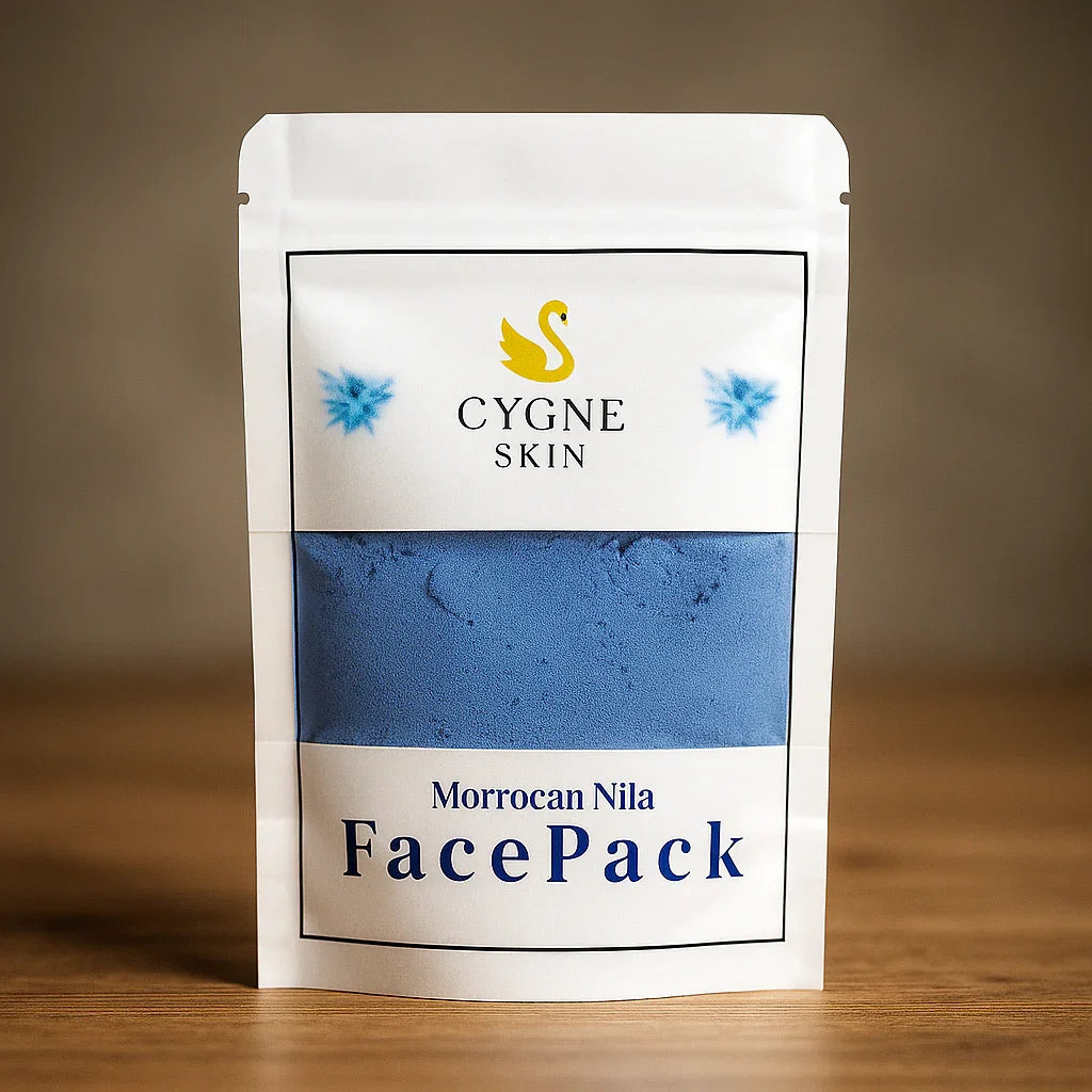Cygne Skin Moroccan Nila Face Pack in a white resealable pouch with blue powder inside