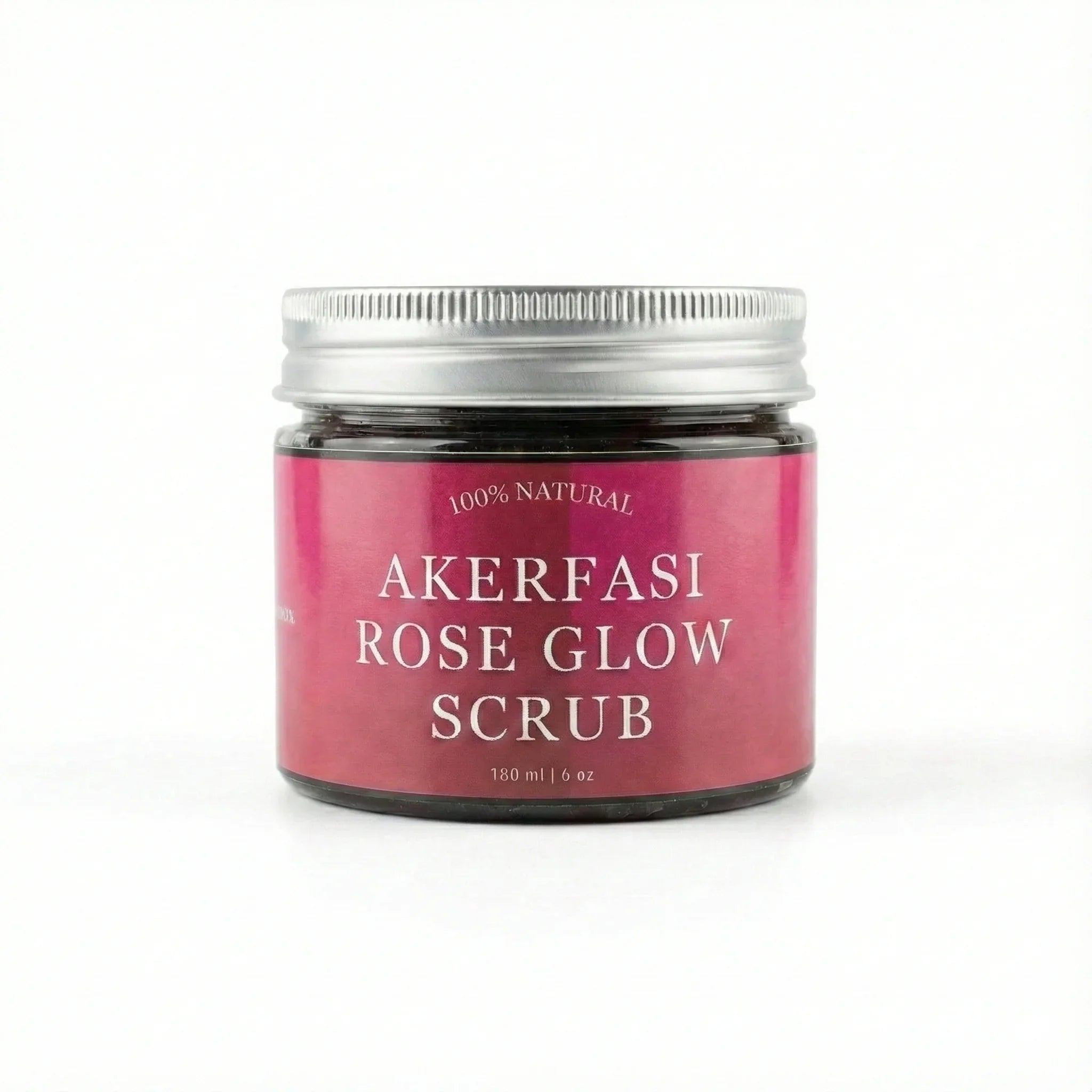 Akerfasi Rose Glow Scrub in a 180ml jar with a metallic lid, labeled 100% natural skincare
