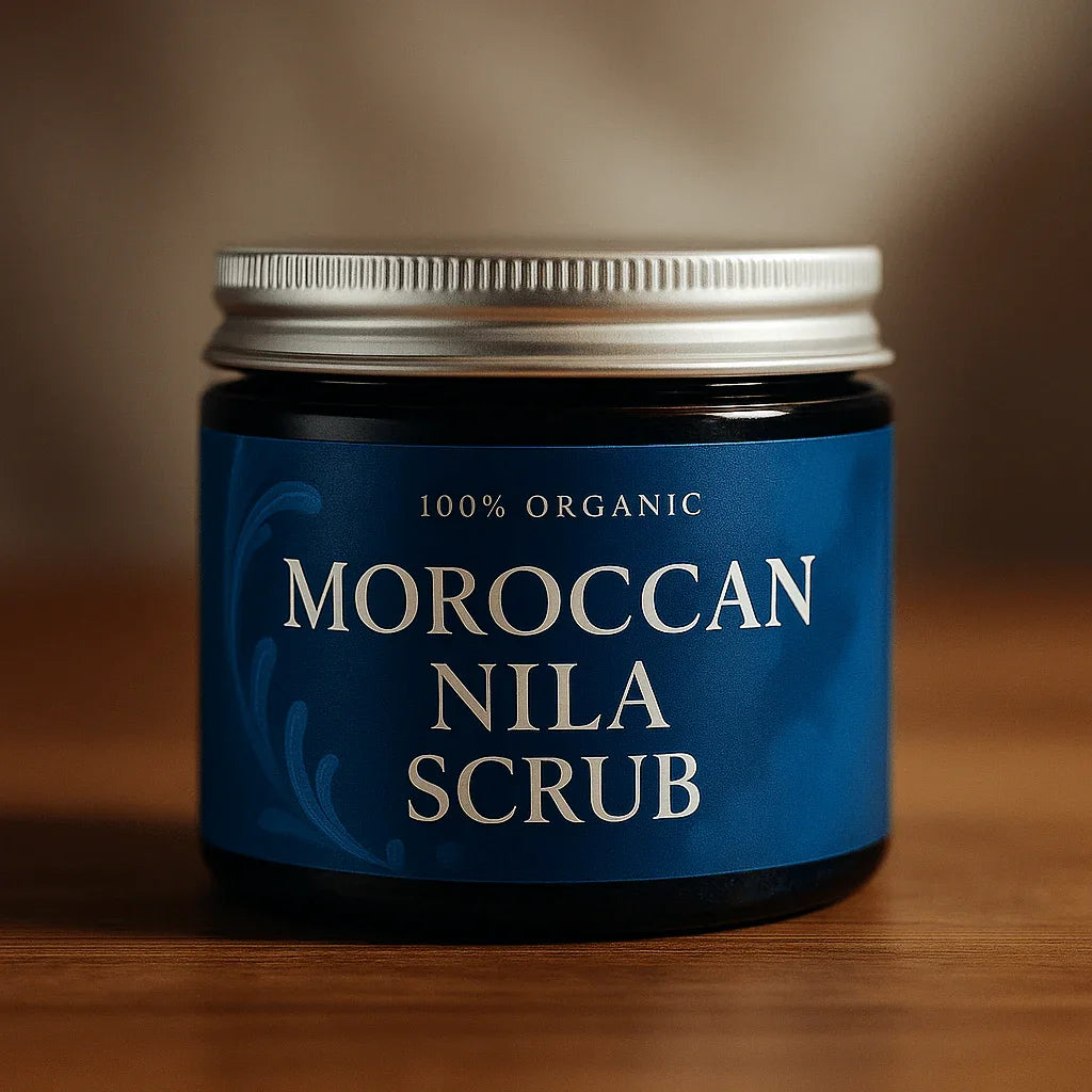 Jar of 100% organic Moroccan Nila scrub with blue label and silver lid on wooden surface