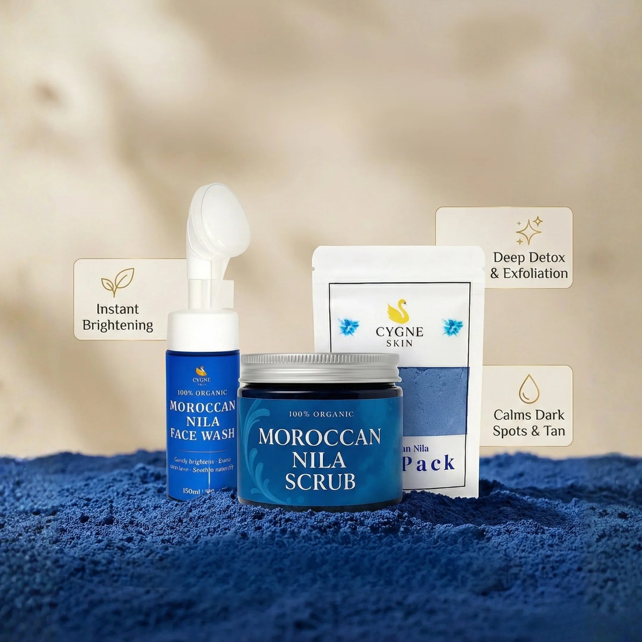 Cygne Skin Moroccan Nila organic face wash, scrub, and pack on blue textured surface with skincare benefits